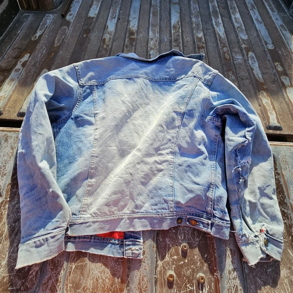 True VTG Lined Denim Trucker Jacket Type 3 Lg (Boxy) Faded And Stained Red Gut
